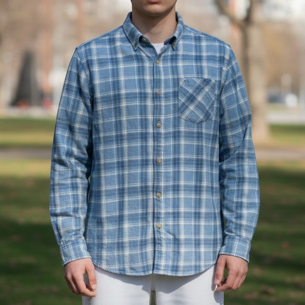 Marine Layer Button Up Flannel Shirt Men L Blue Plaid Long Sleeve Cotton Pocket